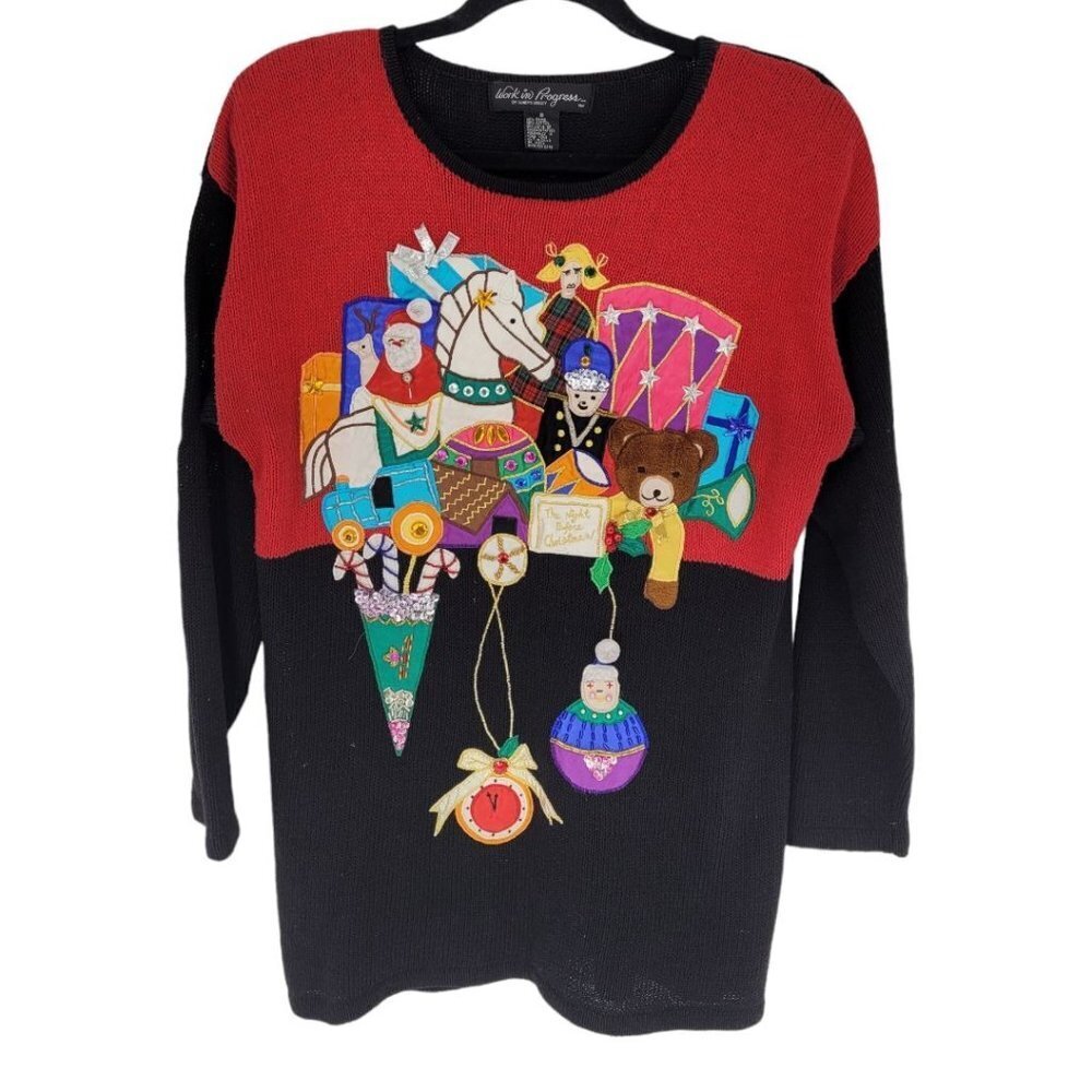 Work in progress Womens small oversized black red decorated christmas sweater